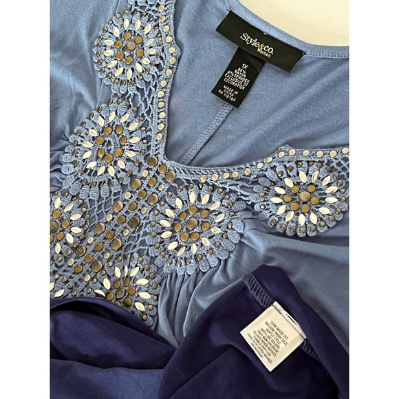 Style&co. Blue Ombre Beaded Crochet Rayon Tank Tunic Top Size 1X Asymmetric Hem - Picture 7 of 10